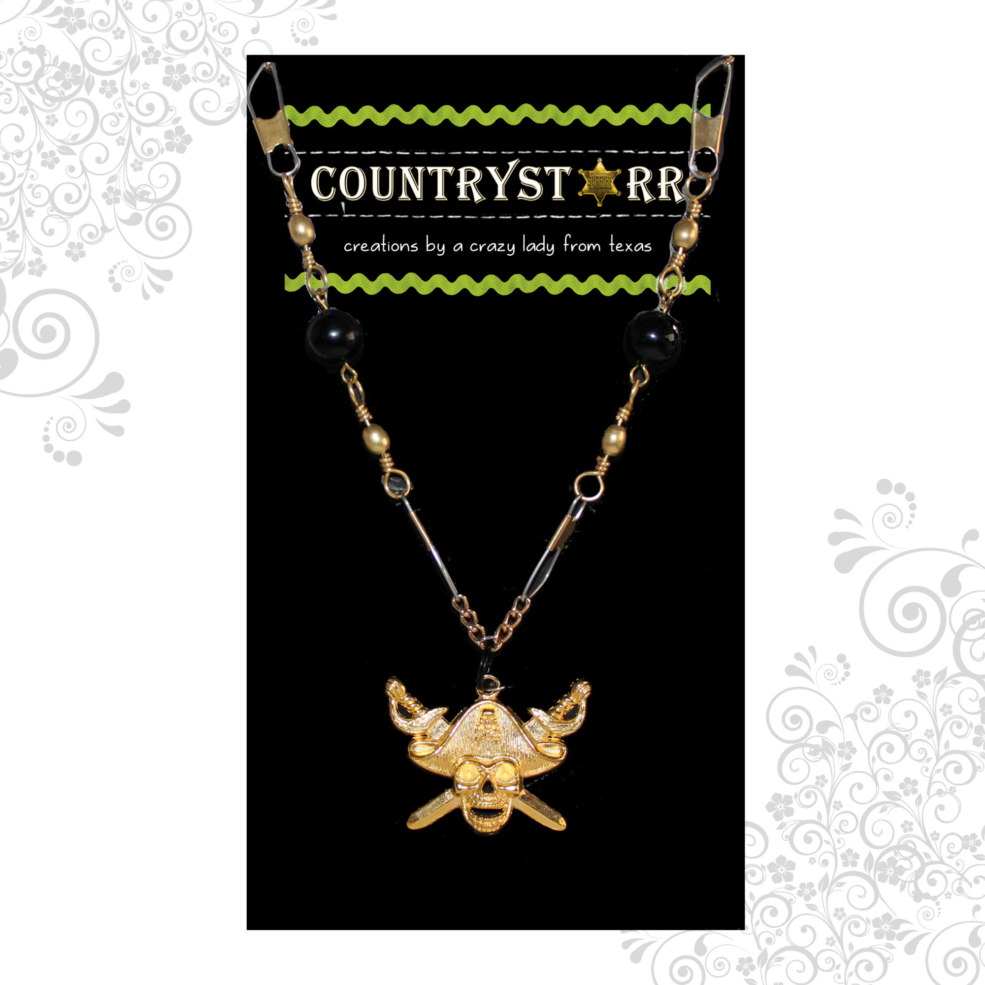 Gold Pirate Skull with Black Beads and fishing swivels