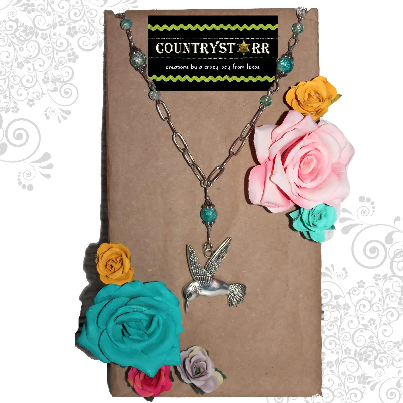 Silver Hummingbird Necklace with 7 Hair Flowers